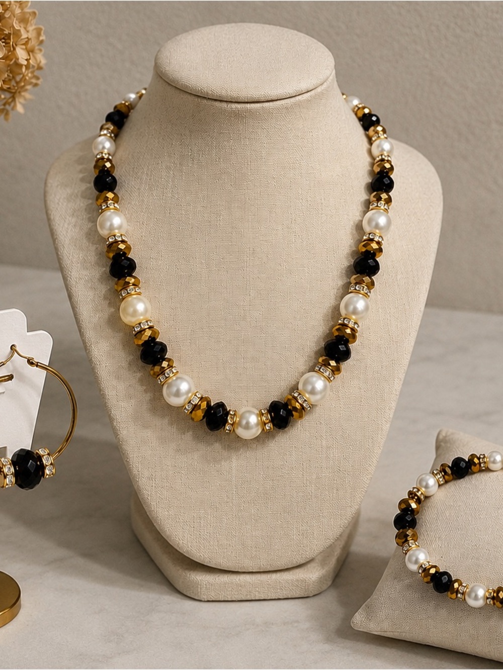 Gold, Black and Pearl Beaded Necklace by SR